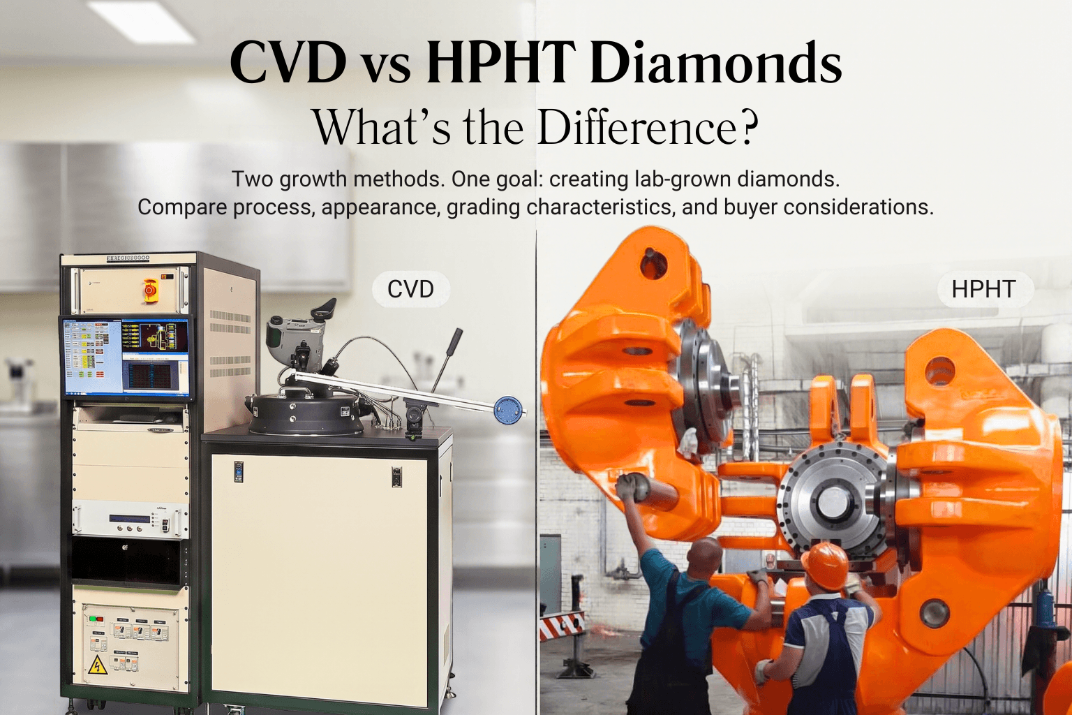 CVD vs HPHT diamonds comparison showing differences in lab grown diamond growth methods